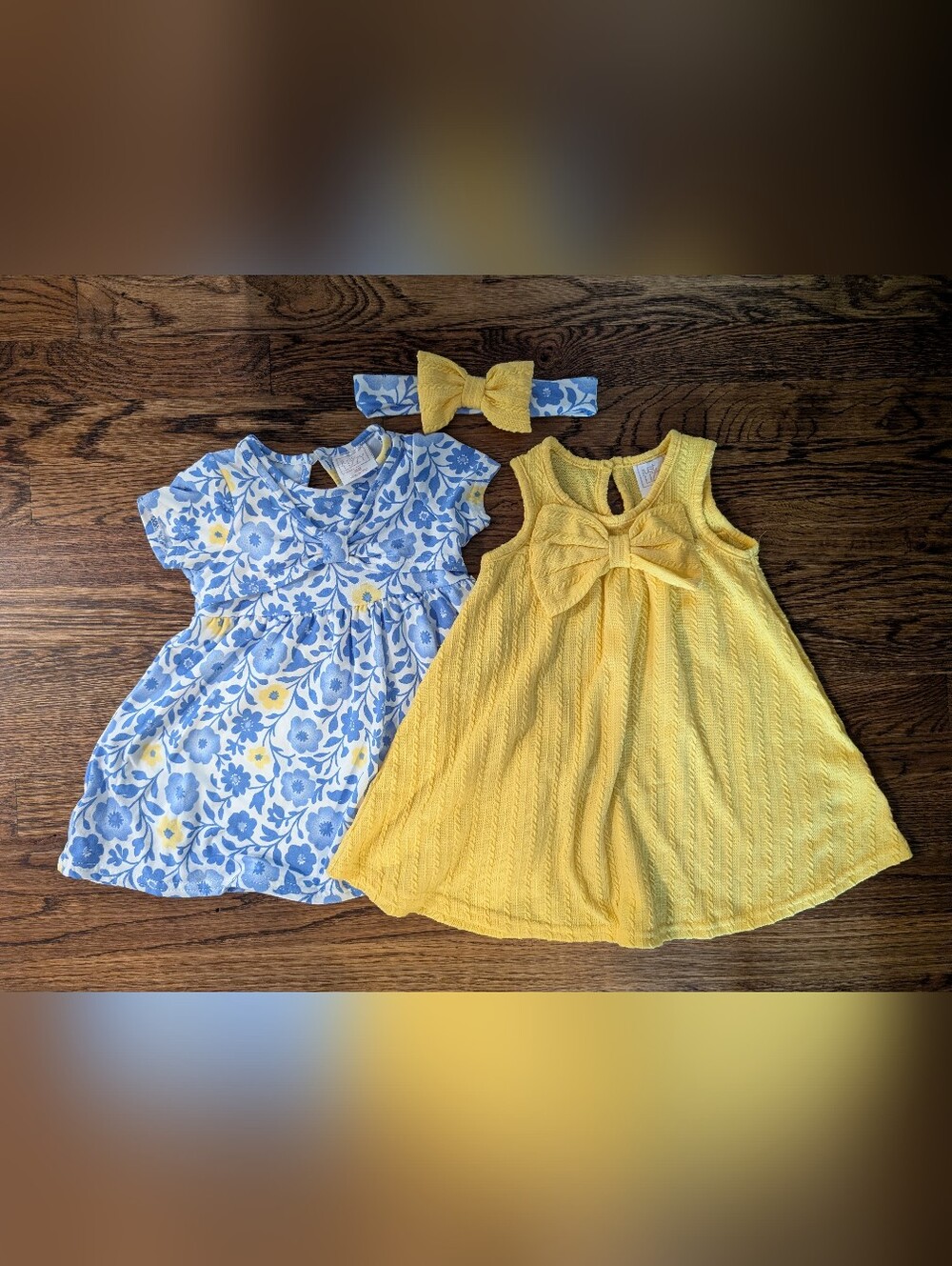 NWO Toddler Blue and Yellow Dress + Bow Set